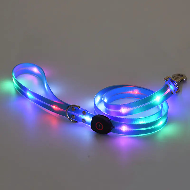 Rechargeable doggie leash. The nylon leash features a LED light strip with Light Blue (Sky) illumination.