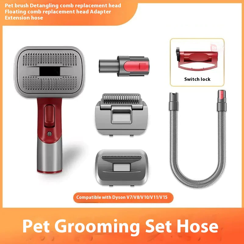 Pet grooming set with brush adapter, extension hose, switch lock and other attachments on a white background.