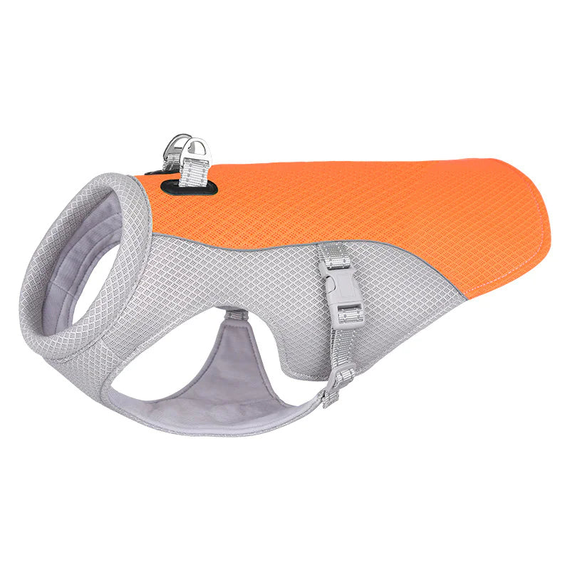 Orange and gray cooling vest for dogs, with breathable, lightweight, and moisture wicking material. Activated by soaking in water.