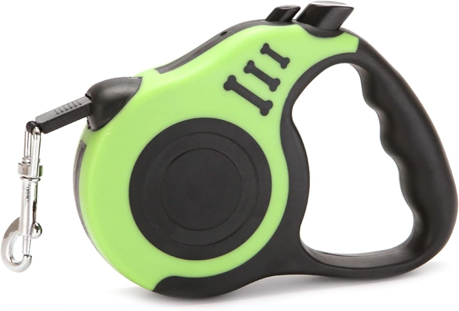 A retractable Green (Spring) dog leash with a bone print design, featuring an ergonomic handle and a durable flat rope.