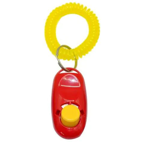 Red (Ruby) pup clicker training tool with a key ring and yellow strap, featuring a raised button for easy clicking.