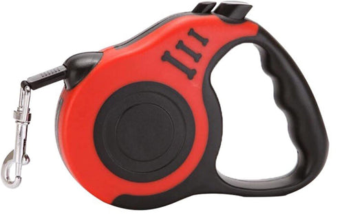 Retractable Red (Ruby) dog leash with a bone print design. Ergonomic handle allows for easy control during walks with the doggie.