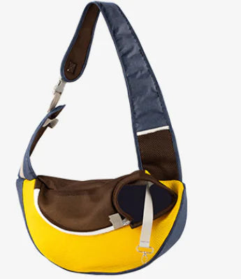 Blrown (Coffee) puppy carrier sling bag wih brown and yellow accents on a white background.