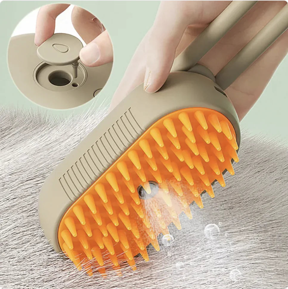 Brown rechargeable adjustable grooming brush with steamer for pet massage and deshedding. 