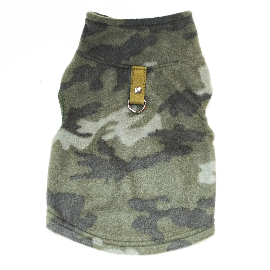 Camouflage (Green) dog vest harness on a white background. Made of soft polar fleece for your pet's warmth and comfort.