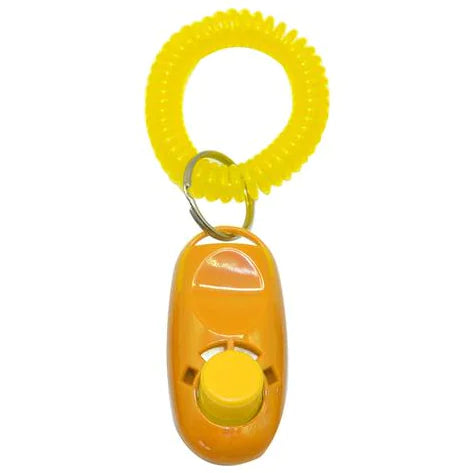 Orange (Autumn) doggy clicker training tool with a key ring and yellow strap, featuring a raised button for easy clicking.
