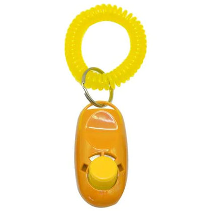 Orange (Autumn) doggy clicker training tool with a key ring and yellow strap, featuring a raised button for easy clicking.