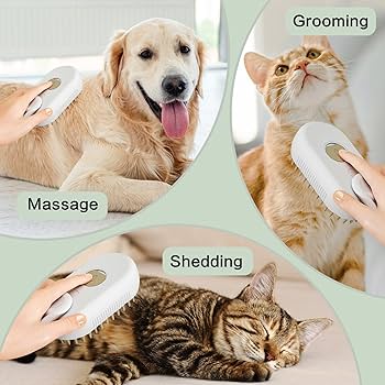Collage that illustrates the versatility of the all-in-one tool. Tool being used to massage, groom and deshedd. For dogs or cats.
