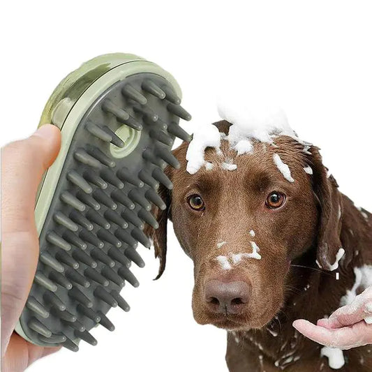 Green (Spring) colored silicone pet bath brush with a shampoo dispenser being used to wash a  dog.