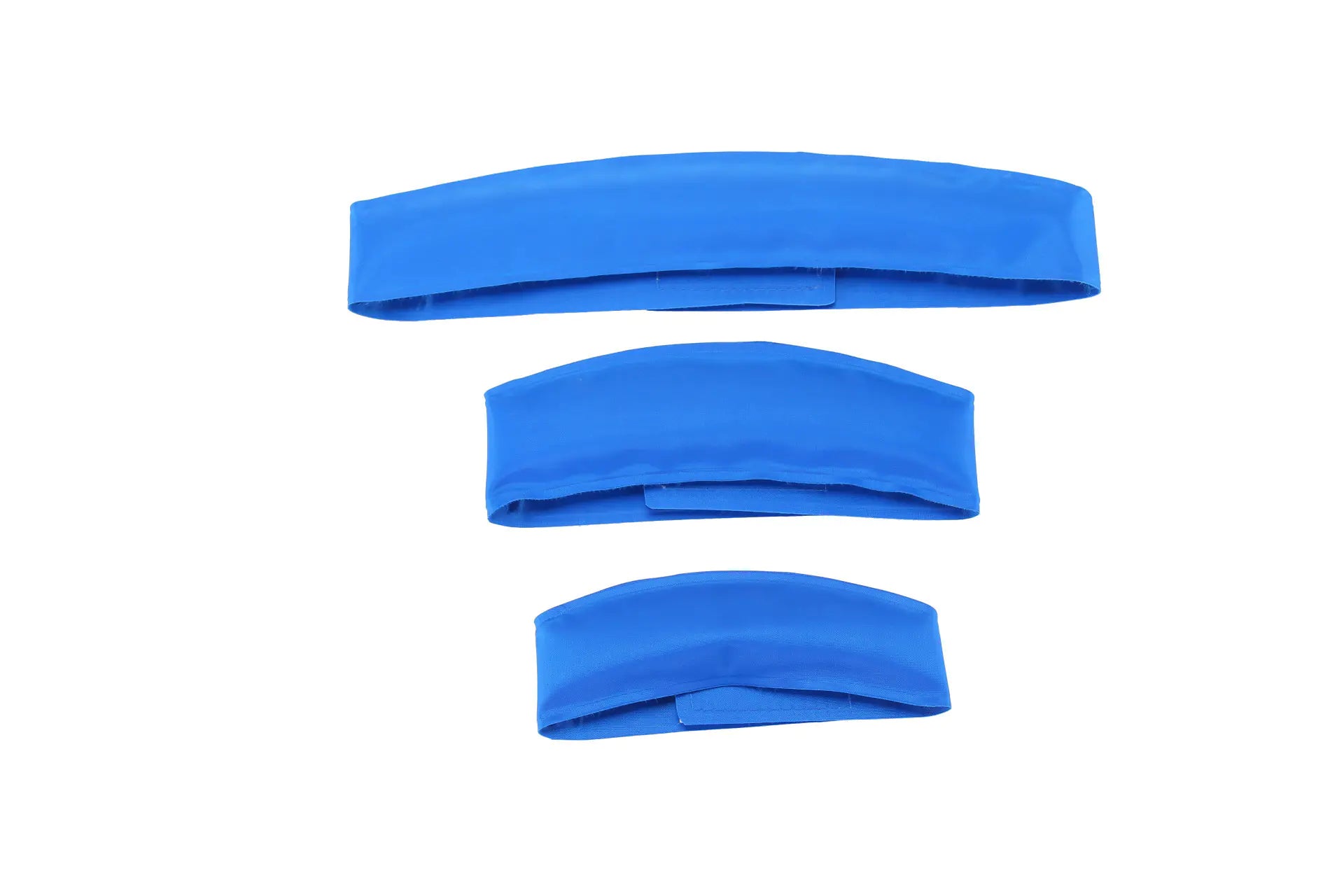Three puppy cooling collars in a Blue (Lake) color, unpacked, available in different sizes for small, medium, and large doggies.
