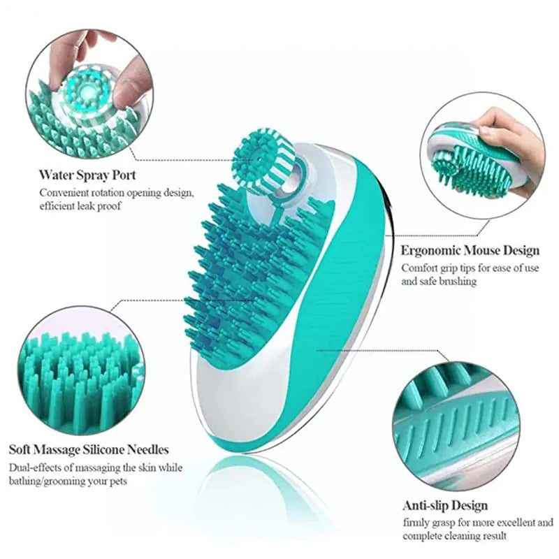 Green (Spring) and white silicone puppy brush with inset pictures showing various features of the brush.