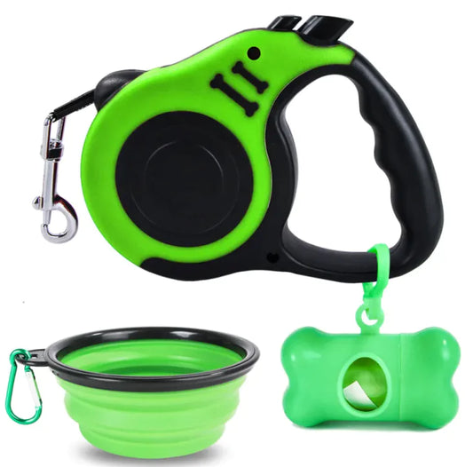 Green (Spring) and black pet travel kit including a retractable dog leash, a foldable bowl, and a holder with garbage bag dispensing functionality.
