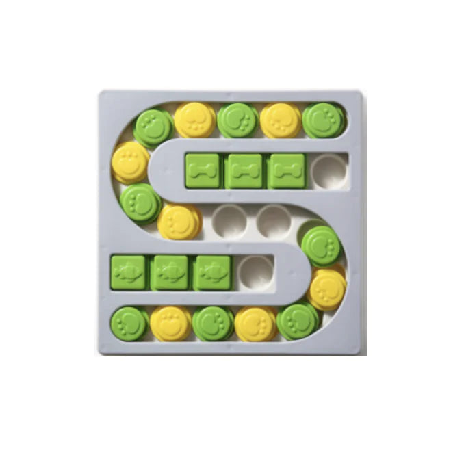 S-Shaped Gray (Mist) Dog Puzzle Board with slots for treals. Unique S-Shaped Design combines snack time with game time for your puppy.
