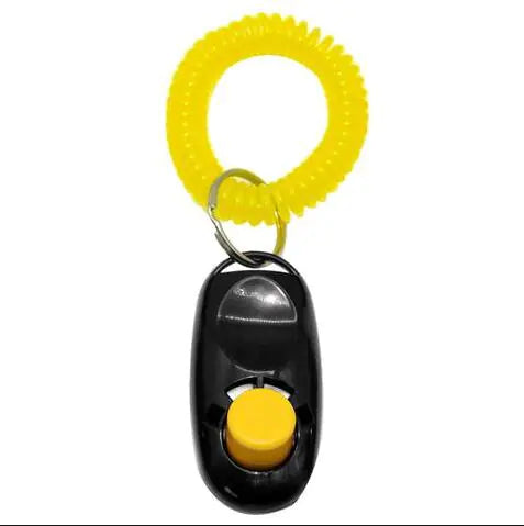 Black (Midnight) doggie clicker training tool with a key ring and yellow strap, featuring a raised button for easy clicking.