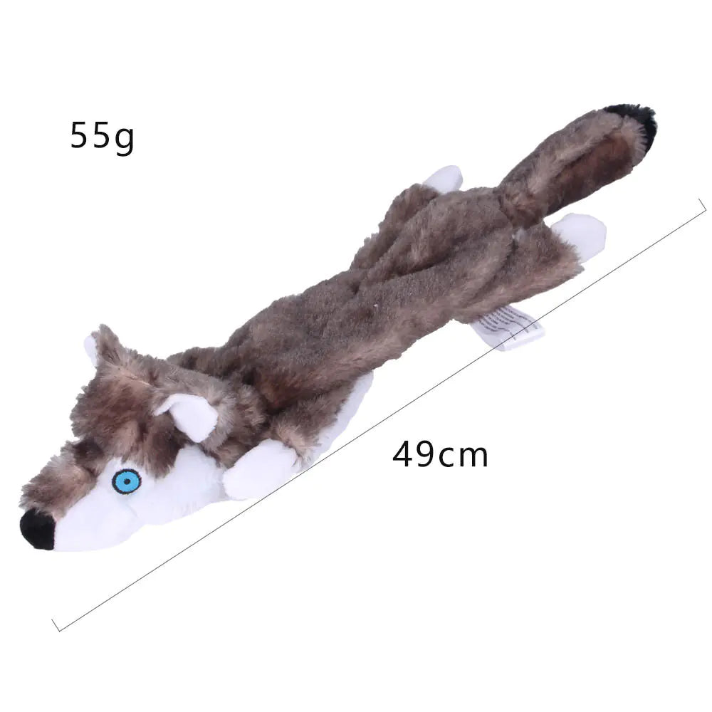 A plush dog chew toy resembling a grey wolf. Made of soft materials, gentle on teeth, toy reduces pet's anxiety.