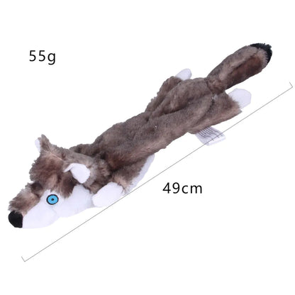 A plush dog chew toy resembling a grey wolf. Made of soft materials, gentle on teeth, toy reduces pet's anxiety.