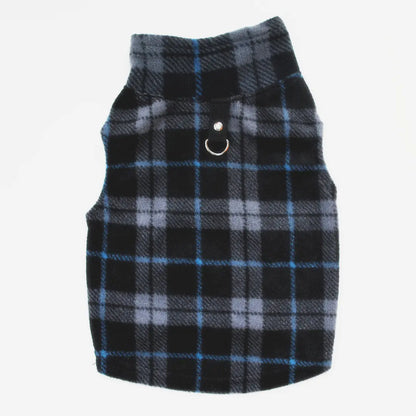 Plaid pet vest harness on a white background. Made of soft polar fleece for your dog's warmth and comfort.