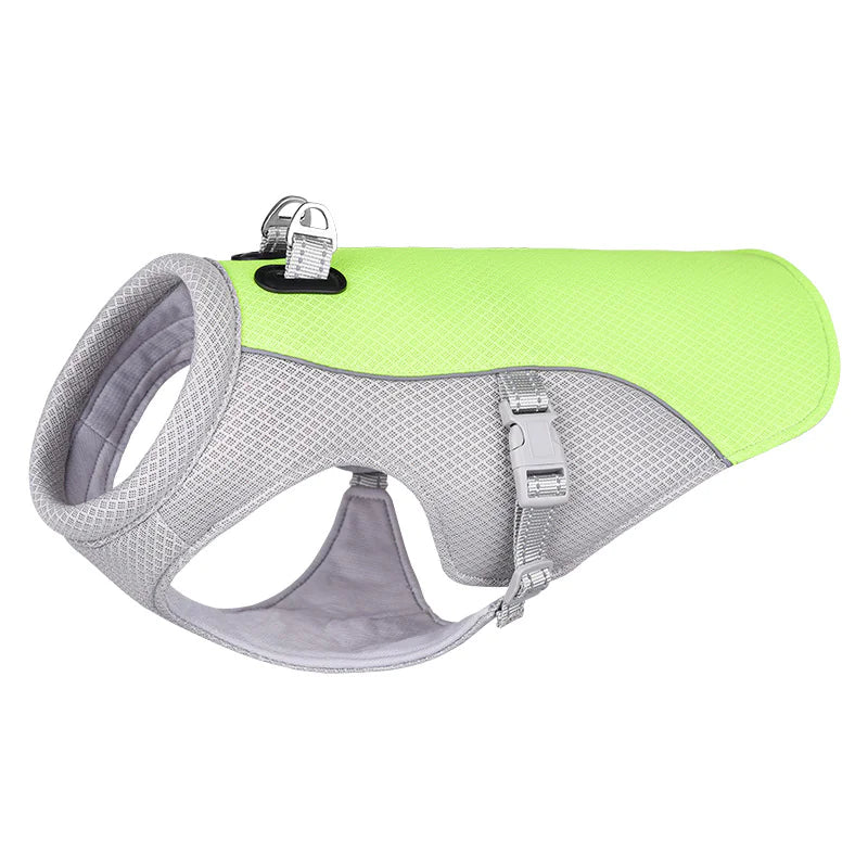 Green and gray cooling vest for pets, with breathable, lightweight, and moisture wicking material. Activated by soaking in water.