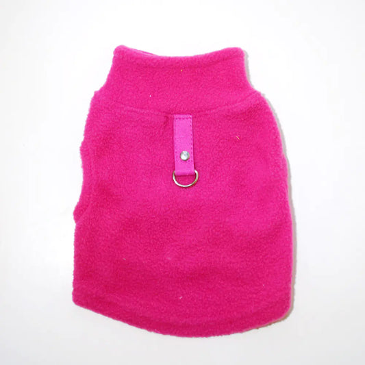 Pink (Bubblegum) dog vest harness on a white background. Made of soft polar fleece for your pet's warmth and comfort.