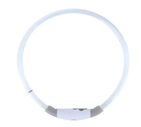 A gray and white LED rechargeable pet collar made of nylon, with a visible LED light sectionfor safety during night strolls.