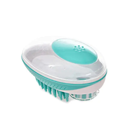 Spring (Green) and white silicone dog brush with top removed for filling the brush with shower gel or liquid soap.