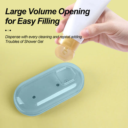 Light Blue (Sky) colored silicone doggy bath brush with a shampoo dispenser being filled in preparation for bathing your pet.