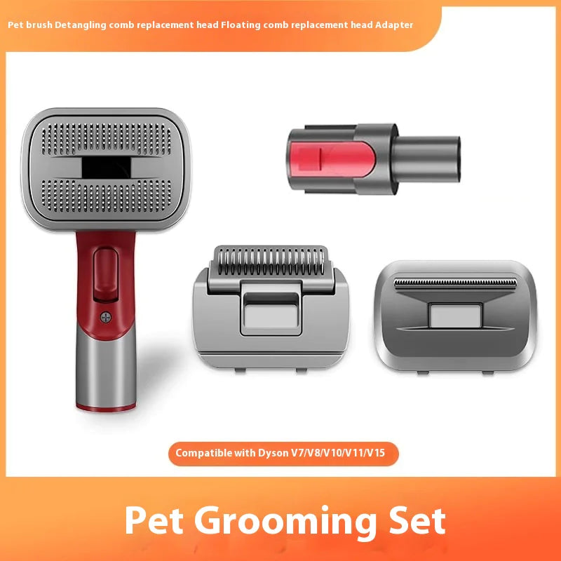 Pet grooming set with brush adapter and various attachments on a white background.