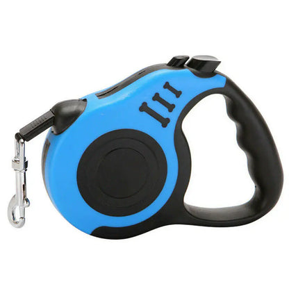 A retractable Light Blue (Sky) and black dog leash with a comfortable anti-slip handle, designed for small to medium-sized dogs.