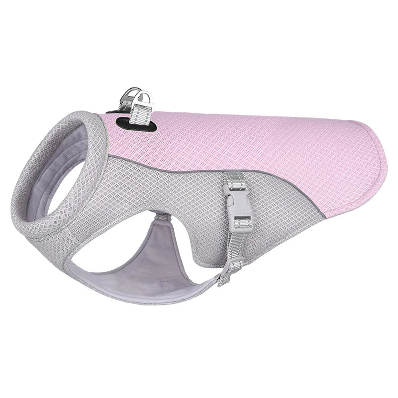 Pink and gray cooling vest for pets, with breathable, lightweight, and moisture wicking material. Activated by soaking in water.