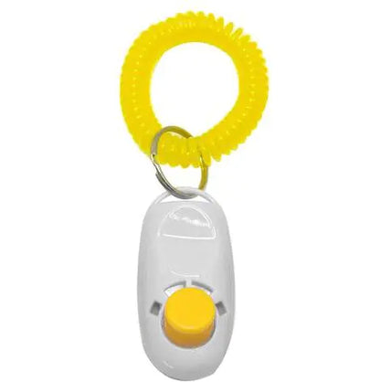 White (Pearl) pet clicker training tool with a key ring and yellow strap, featuring a raised button for easy clicking.