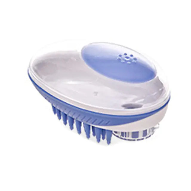 Blue (Lake) and white silicone dog brush with top removed for filling the brush with shower gel or liquid soap.