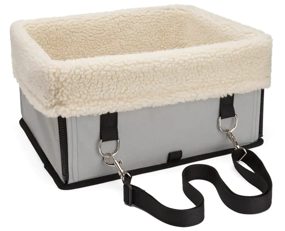 Gray (Mist) doggy car booster seat with beige interior and adjustable black straps. Carrier is lightweight & foldable.