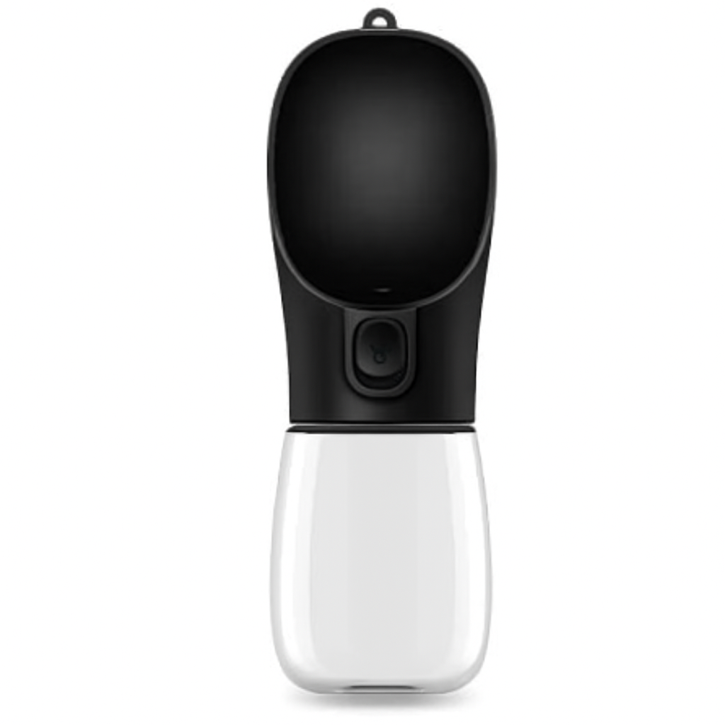 A Black (Matte) portable puppy travel water bottle with a built-in foldable drinking trough and a carabiner clip. Safe BPA-free materials.