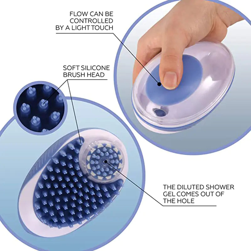 Blue (Lake) and white silicone puppy brush with various features of the brush highlighted.