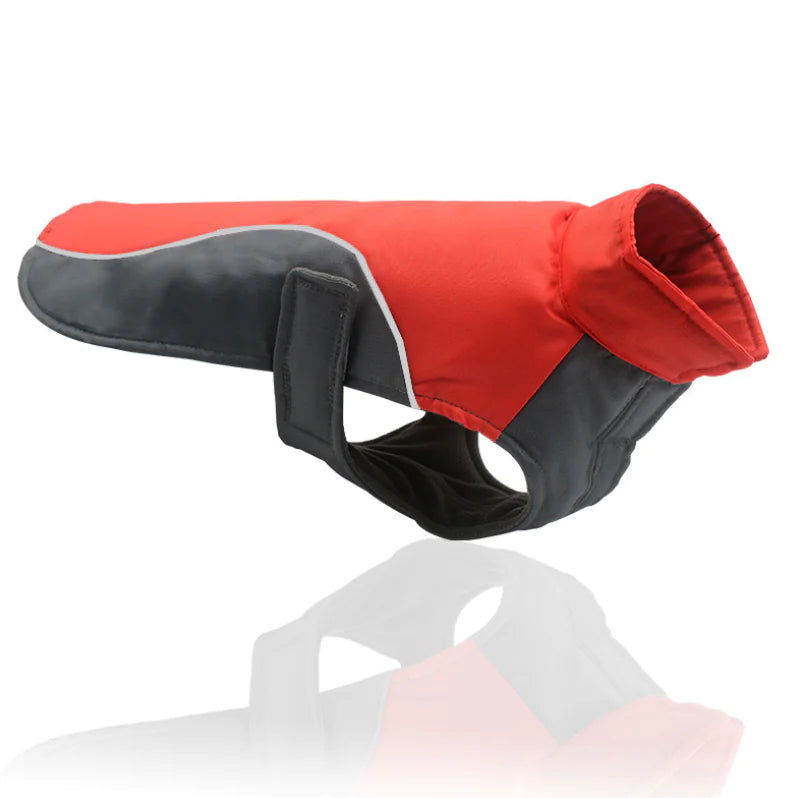 Red and gray waterproof reflective dog jacket. Coat is reflective with an adjustable fit for your doggie.