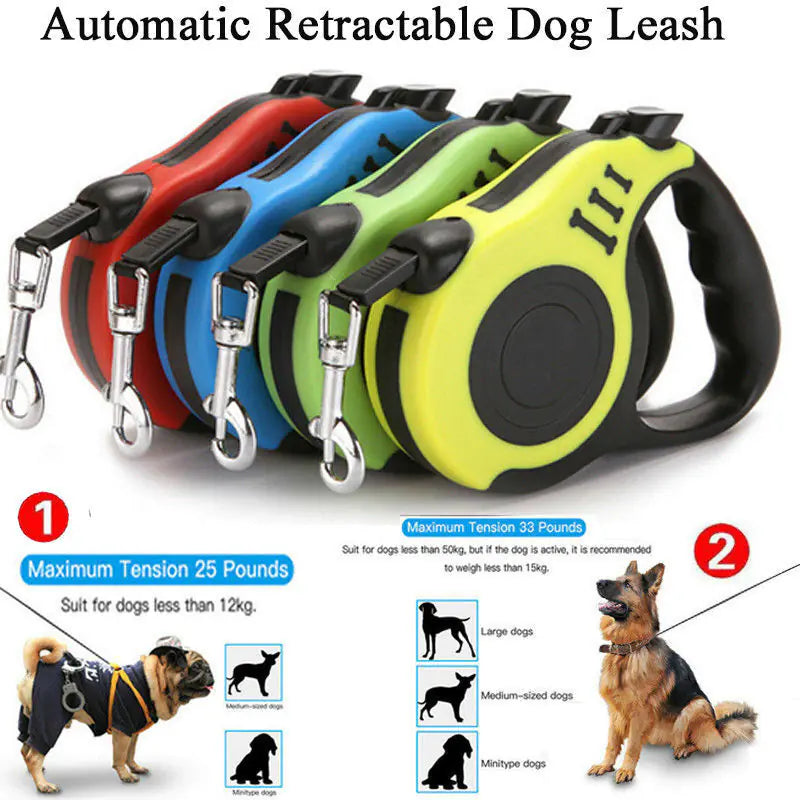 Automatic retractable dog leashes in various colors with product details featuring different sized dogs on a white background.