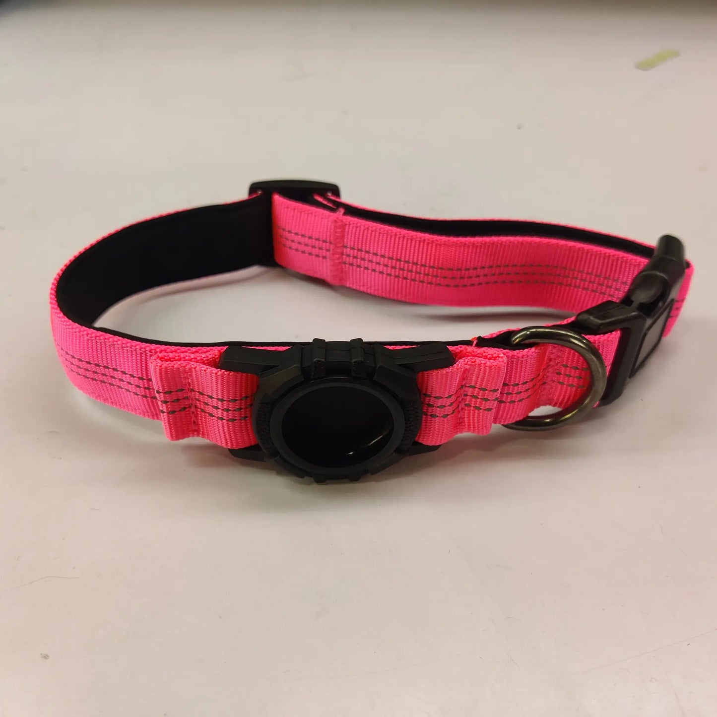 Durable cotton Pink (Bubblegum) AirTag Dog Tracker Collar that is reflective and waterproof for your pet's safety.