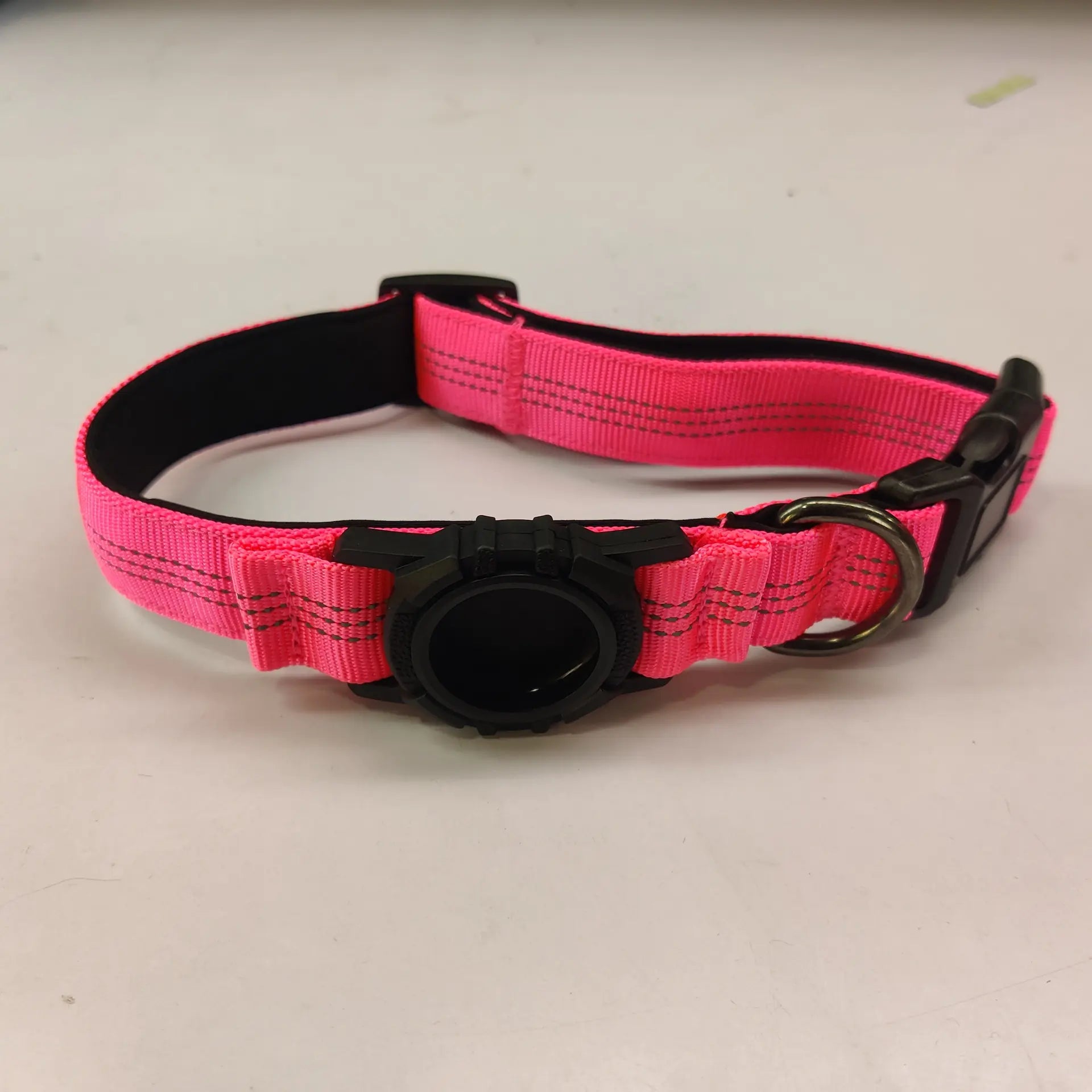 Durable cotton Pink (Bubblegum) AirTag Dog Tracker Collar that is reflective and waterproof for your pet's safety.