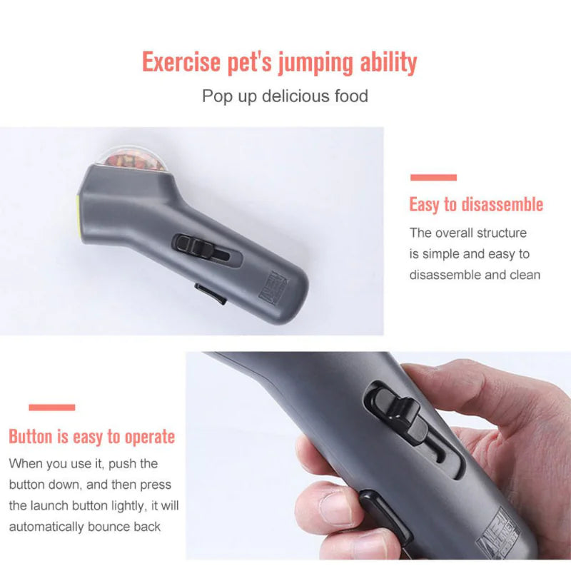 Gray (Mist) colored puppy treat launcher shown with details of the buttons used to launch treats for your furry friend.