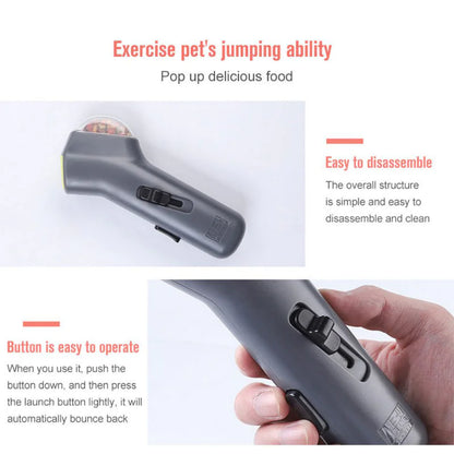 Gray (Mist) colored puppy treat launcher shown with details of the buttons used to launch treats for your furry friend.