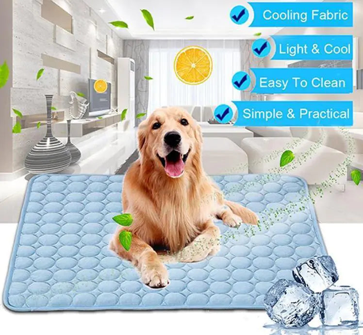 Dog lying on 1 of the blue pet cooling beds. Bed attributes of cooling, lightweight, ease of cleaning and simplicity are shown.