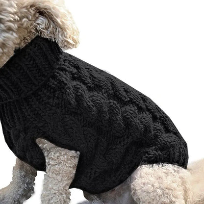 Dog wearing a soft Black (Midnight) wool blend sweater. This sweater is a stylish and warm option when walking your pet on chilly days.