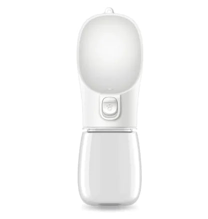 A White (Pearl) portable pet travel water bottle with a built-in foldable drinking trough and a carabiner clip. Safe BPA-free materials.