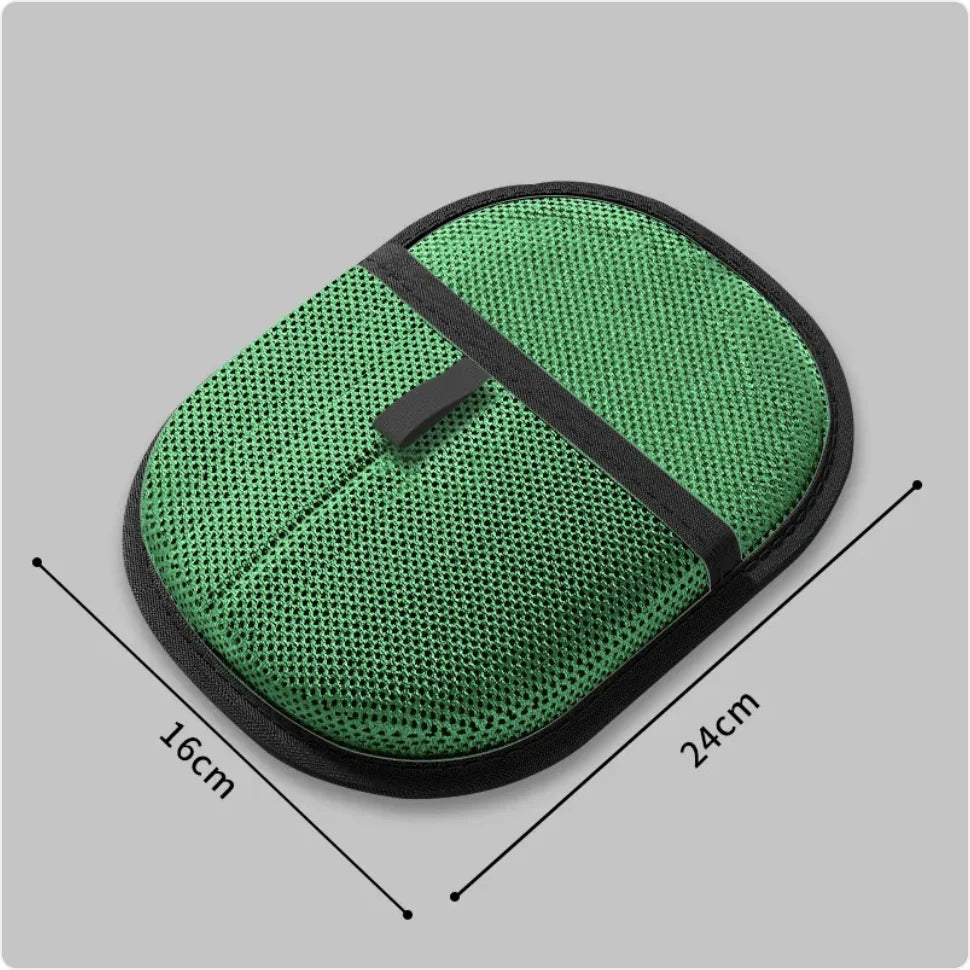 Green grooming and cleaning glove for your dog or cat with glove dimensions.