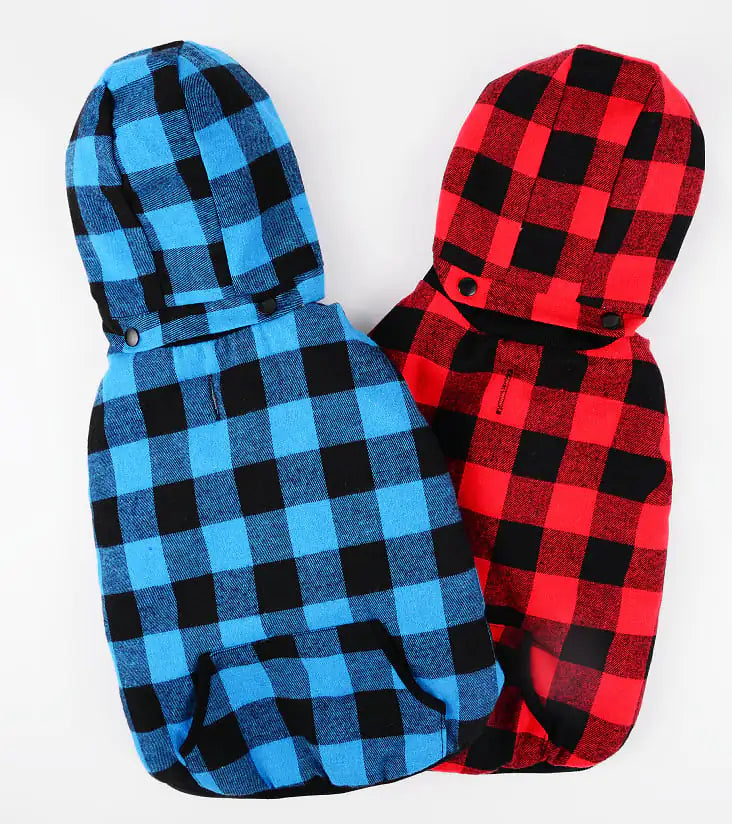 Two dog hoodies with soft fleece lining, zipper enclosure and detachable hood, rPlaid (Red Check) and Plaid (Blue Check), for chilly dog walks.