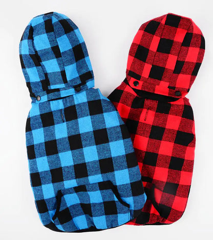 Two dog hoodies with soft fleece lining, zipper enclosure and detachable hood, rPlaid (Red Check) and Plaid (Blue Check), for chilly dog walks.