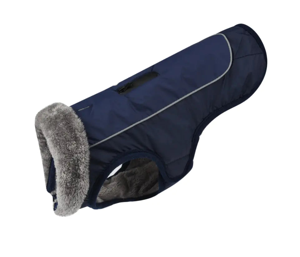 Navy (Deep Sea) and black, waterproof padded dog parka with a faux fur collar and reflective strips on the side.