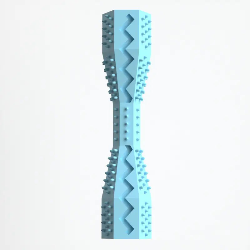A blue rubber doggie dental stick with textured bristles and ridges for cleaning teeth and massaging gums.