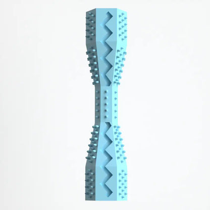 A blue rubber doggie dental stick with textured bristles and ridges for cleaning teeth and massaging gums.