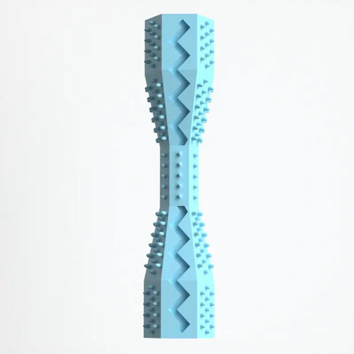 A blue rubber doggie dental stick with textured bristles and ridges for cleaning teeth and massaging gums.